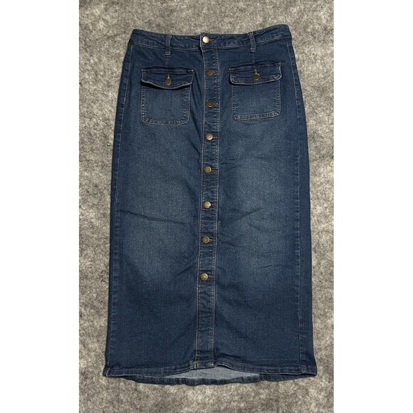 BACCINI Maxi Long Denim Skirt Womens 8 Blue Button Front Pocket Stretch - Picture 1 of 13